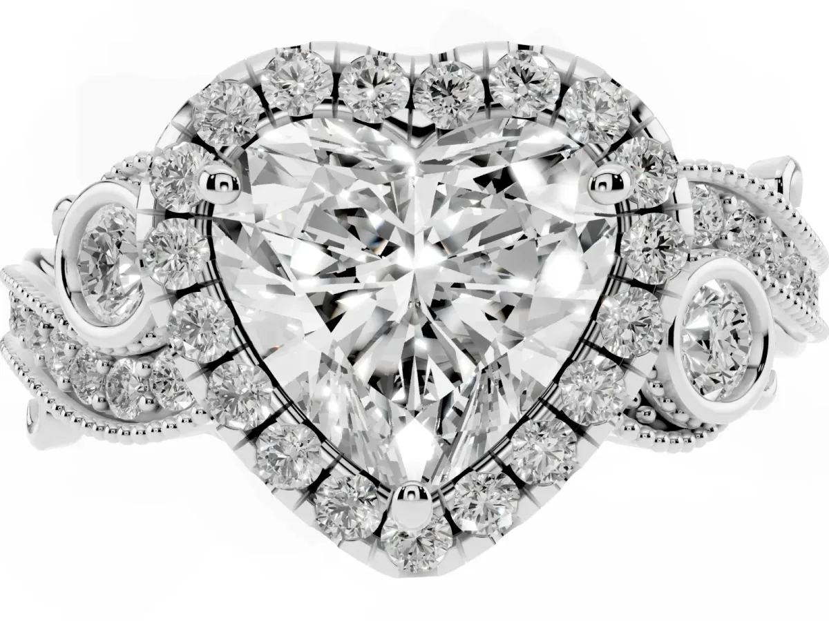 Heart Cut Halo Diamond Ring with Milgrain and Bezel Accents on a Split Shank Band Silver