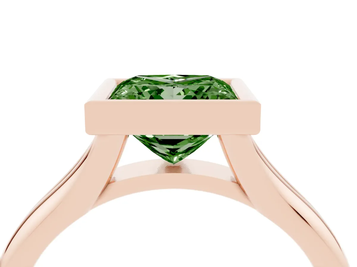 Fancy Green Bezel Set Princess Cut Solitaire Diamond Ring with Smooth Band Rose gold
