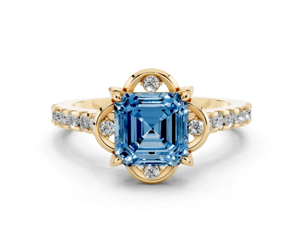 Fancy Blue Asscher Cut Diamond Ring with Pavé Band and Floral Prong Setting Yellow gold