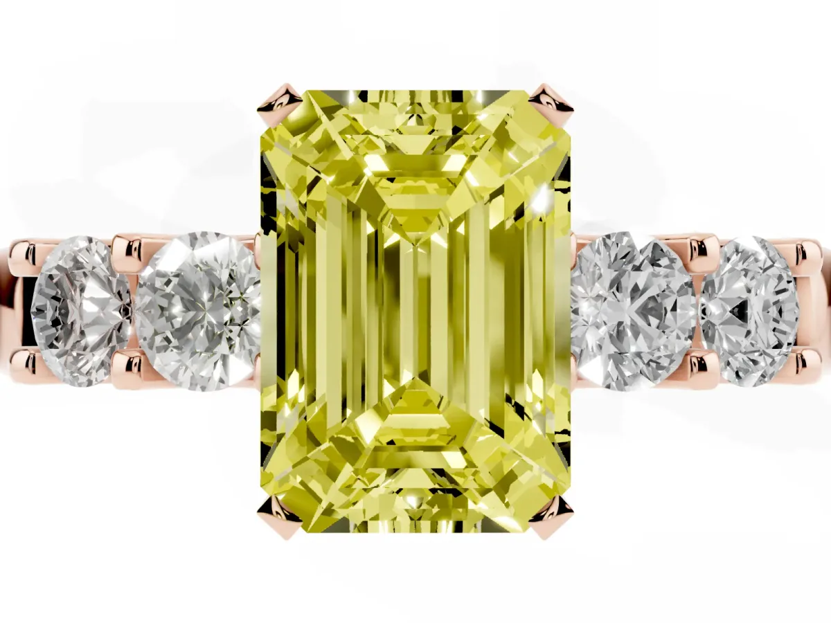 Fancy Yellow Emerald Cut Brilliant Cut Diamond Five-Stone Prong Set Engagement Ring with Channel Band Rose gold