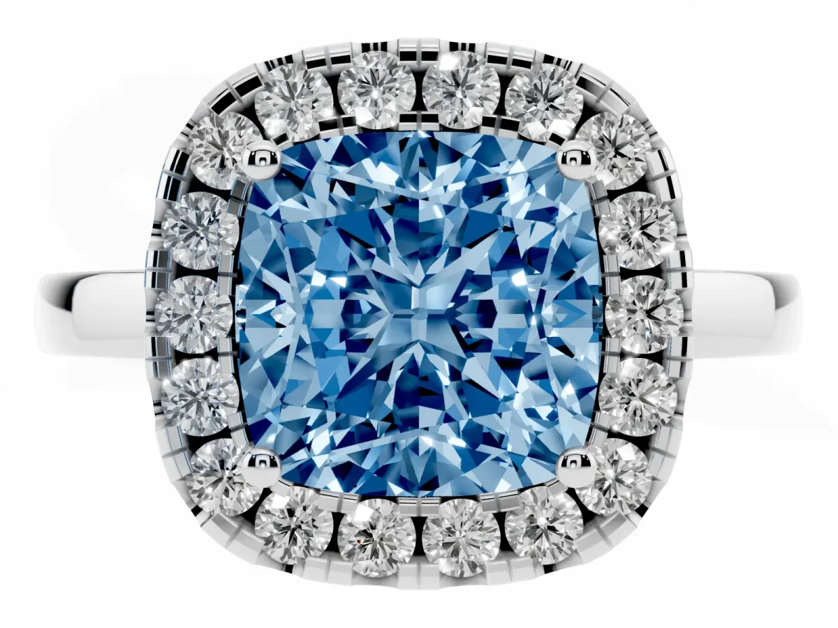 Fancy Blue Cushion Cut Halo Diamond Solitaire with Pavé Band and Four-Prong Setting Silver