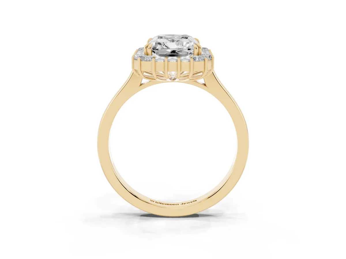 Radiant Diamond Baguette Halo Engagement Ring Yellow gold