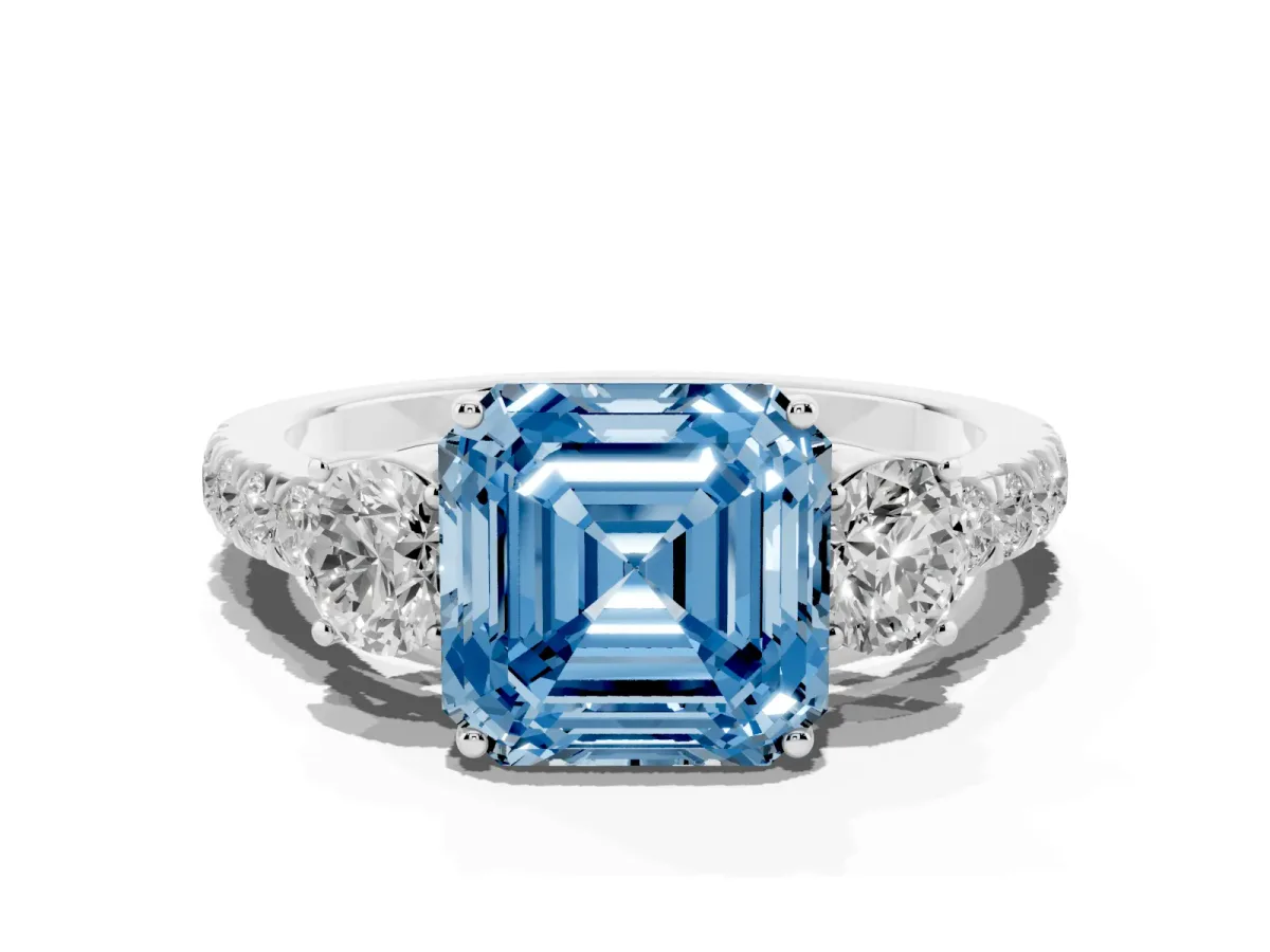 Fancy Blue Asscher Cut Cut Diamond Three-Stone Ring with Round Side Stones and Pavé Band White gold