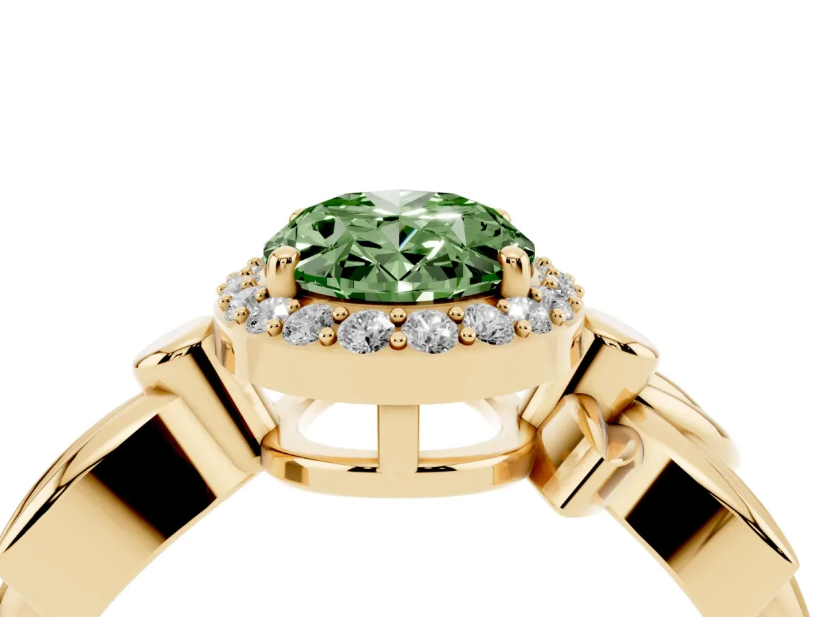 Fancy Green Oval Cut Halo Diamond Floral Band with Four-Prong Setting Yellow gold