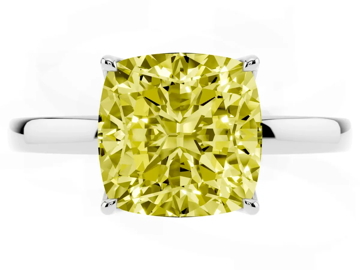 Fancy Yellow Cushion Cut Diamond Solitaire Ring with Thin Band and Prong Setting White gold