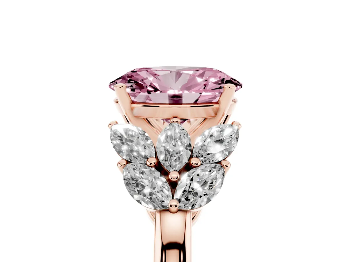 Fancy Pink Oval Cut Diamond Cluster Leaf Design Ring with Prong Setting Rose gold