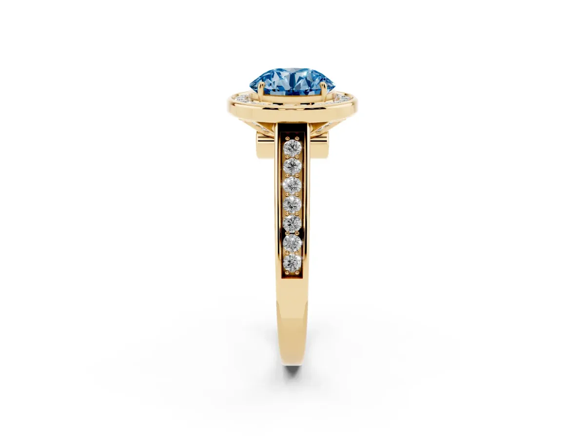 Fancy Blue Round Cut Halo Solitaire Diamond Ring with Pave Band and Bezel Setting Yellow gold
