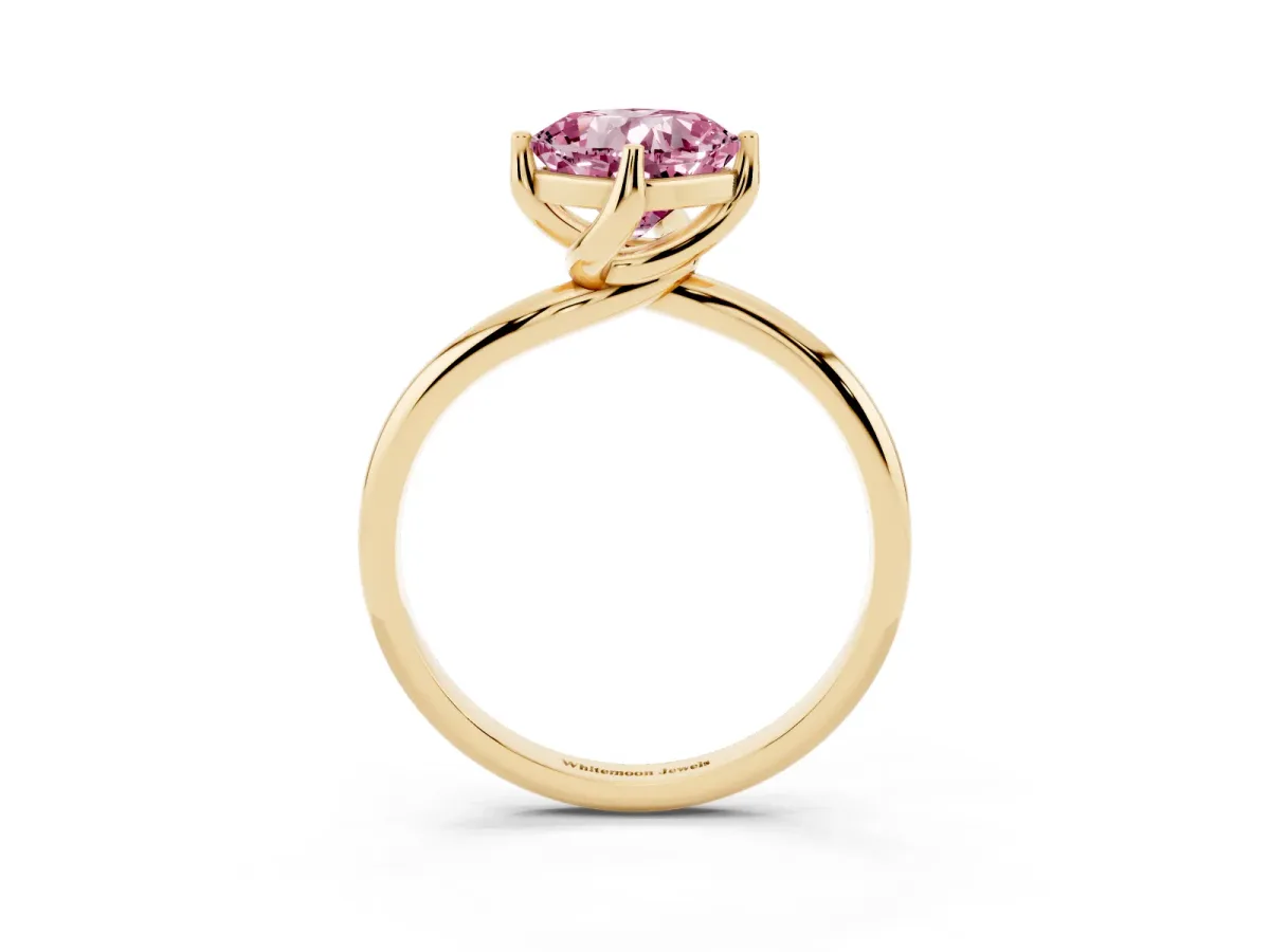 Fancy Pink Cushion Cut Diamond Solitaire Engagement Ring with Four-Prong Setting and Classic Band Yellow gold