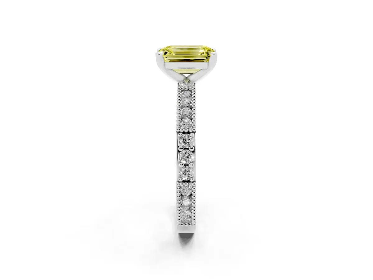 Fancy Yellow Emerald Cut Solitaire with Pavé Band and Four-Prong Setting Silver