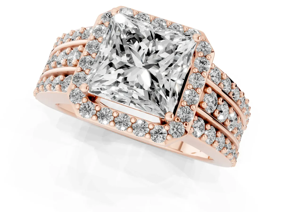 Princess Cut Halo Diamond Ring with Round Split Shank and Prong Setting Rose gold