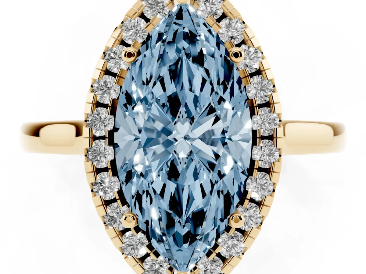 Fancy Blue Marquise Cut Halo Round Diamond Solitaire Ring with Pavé Band and Four-Prong Setting Yellow gold
