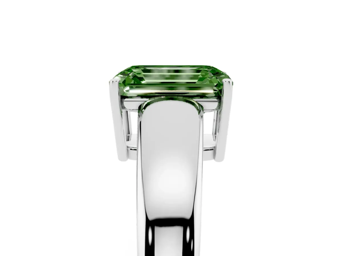 Fancy Green Emerald Cut Solitaire Diamond Ring with Tapered Band and Four-Prong Setting White gold
