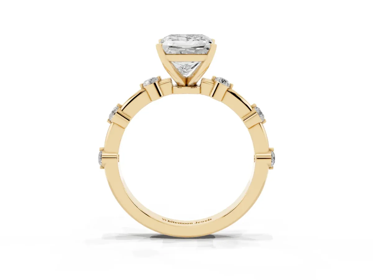 Princess Cut Solitaire Diamond Ring with Bezel Set Side Stones and Prong Setting Yellow gold