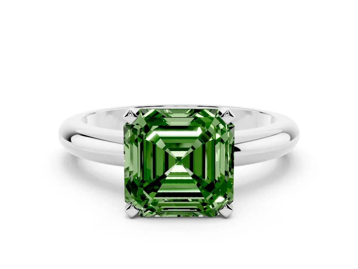 Fancy Green Asscher Cut Diamond Solitaire Engagement Ring with Round Band and Four-Prong Setting Silver