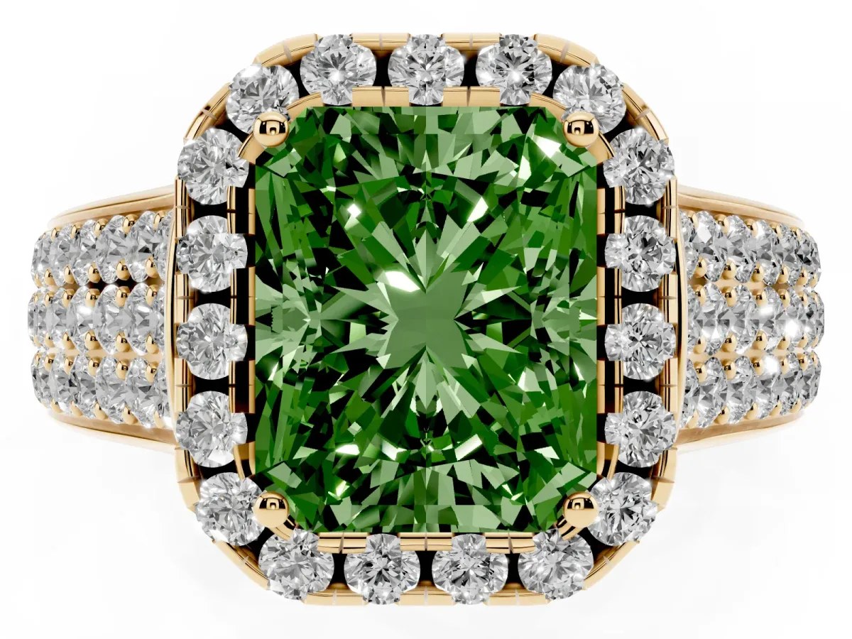 Fancy Green Radiant Cut Halo Round Diamond Pave Band with Prong Setting Yellow gold