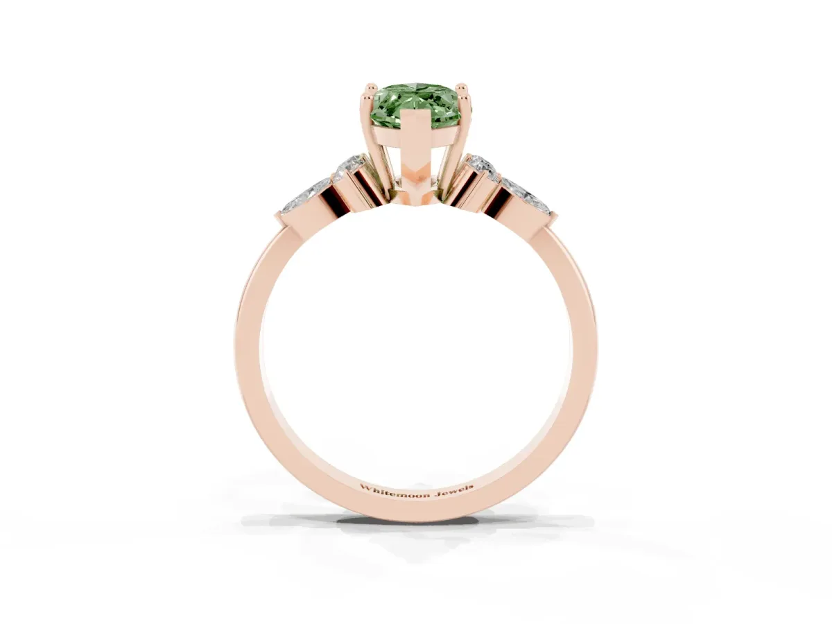 Fancy Green Marquise Cut Brilliant Diamond Solitaire Ring with Pear Side Stones and Four-Prong Setting Rose gold