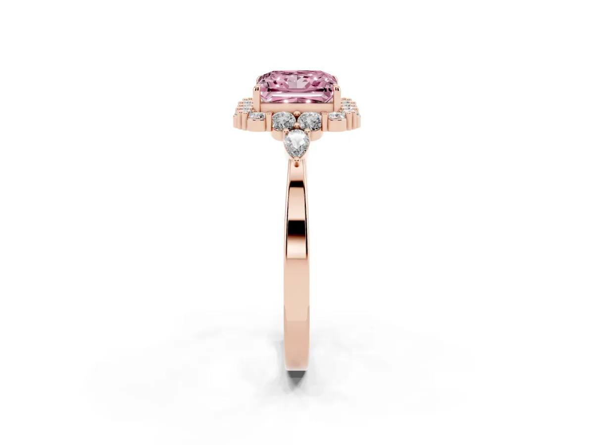 Fancy Pink Princess Cut Diamond Halo Ring with Pear Side Stones and Prong Setting Rose gold
