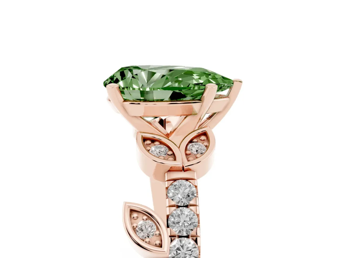 Fancy Green Pear Cut Solitaire Leaf-Inspired Diamond Ring with Pavé Band and Four-Prong Setting Rose gold
