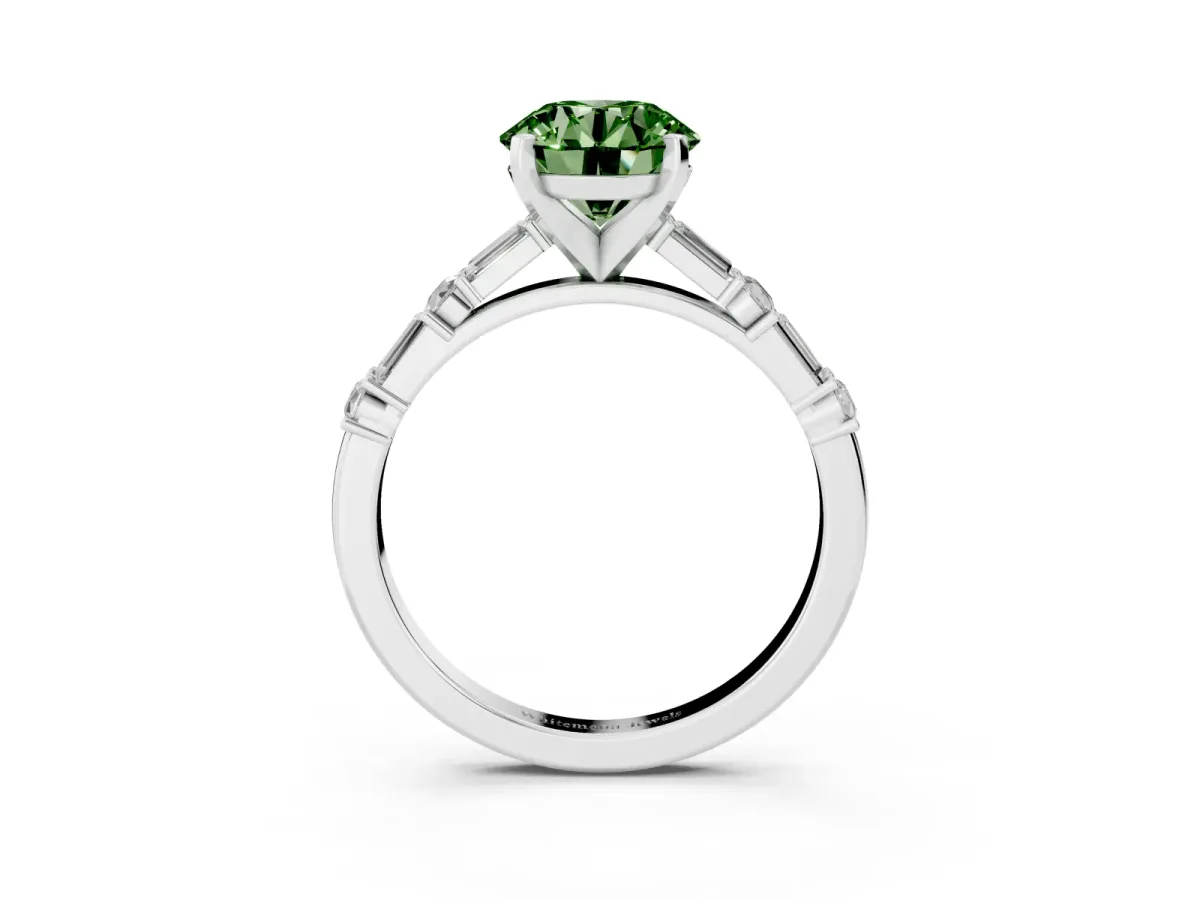 Fancy Green Round Cut Diamond Solitaire with Side Baguettes and Channel Set Band Silver