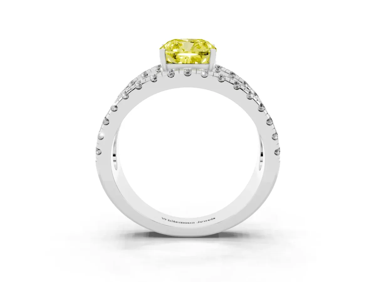Fancy Yellow Cushion Cut Solitaire Split Shank Pave Diamond Ring Platinum