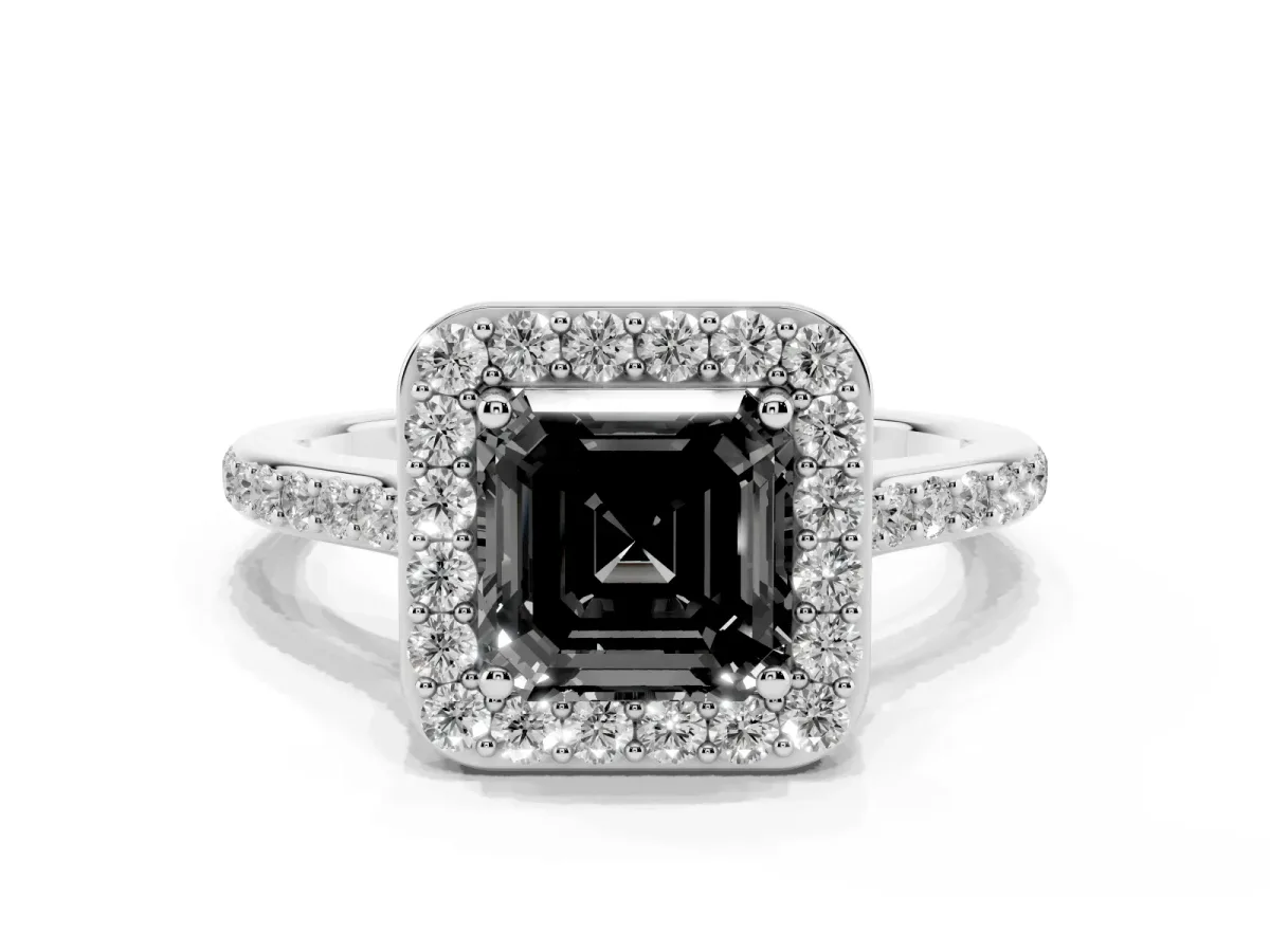 Fancy Black Asscher Cut Diamond Halo Engagement Ring with Round Pavé Shoulders and Prong Setting Platinum