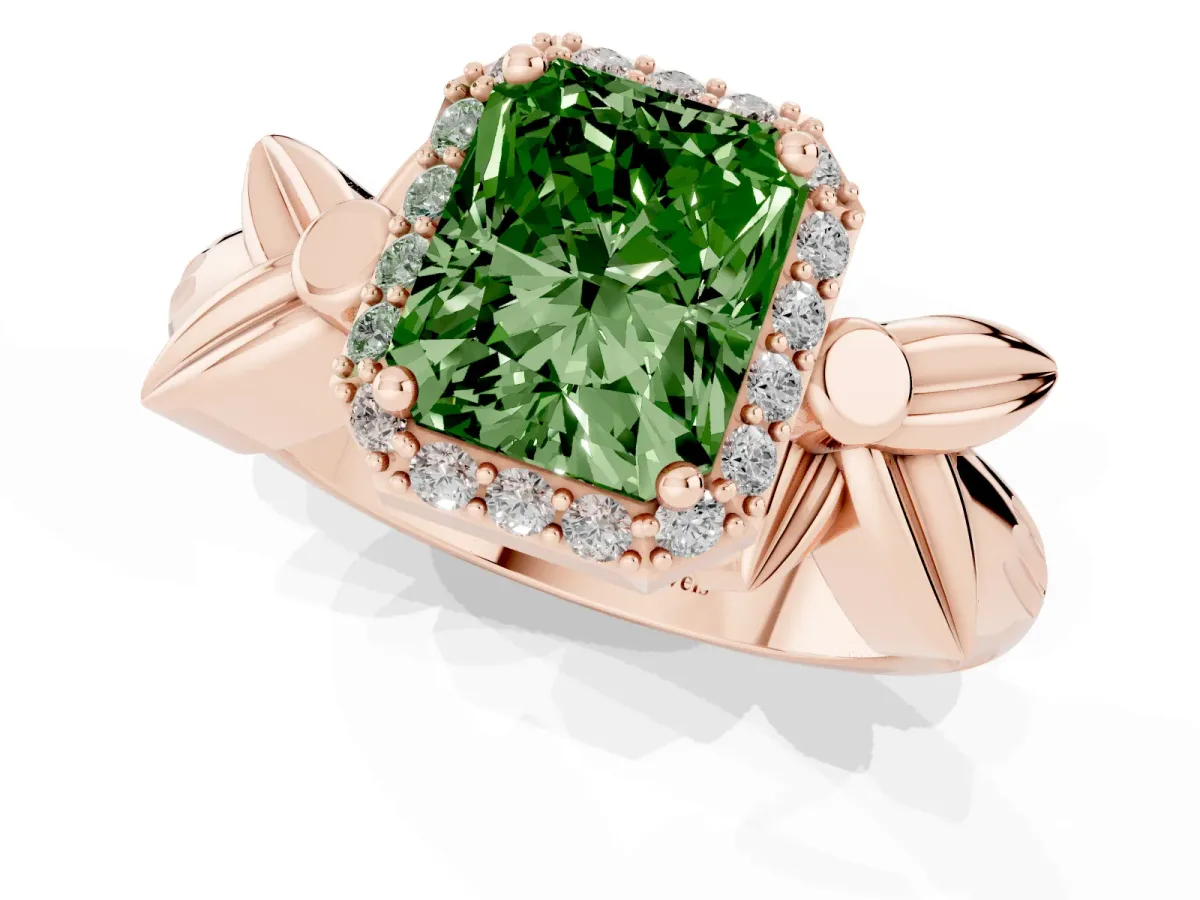 Fancy Green Radiant Cut Halo Diamond Floral Band with Four-Prong Setting Rose gold