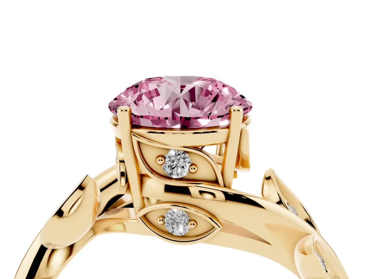Fancy Pink Round Cut Solitaire Twist Engagement Ring with Leaf Accents and Prong Setting Yellow gold