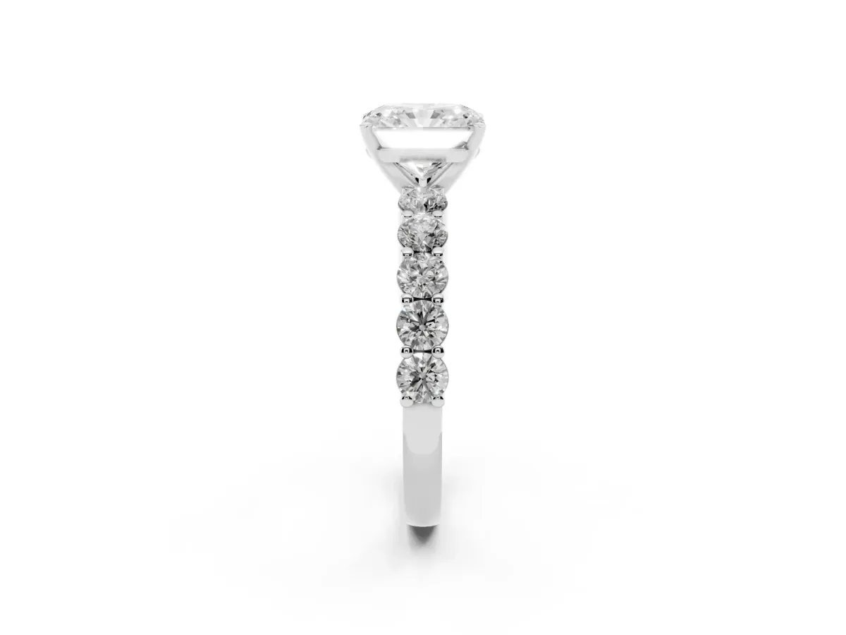 Radiant Cut Diamond Solitaire Ring with Shared Prong Round Side Stones Silver