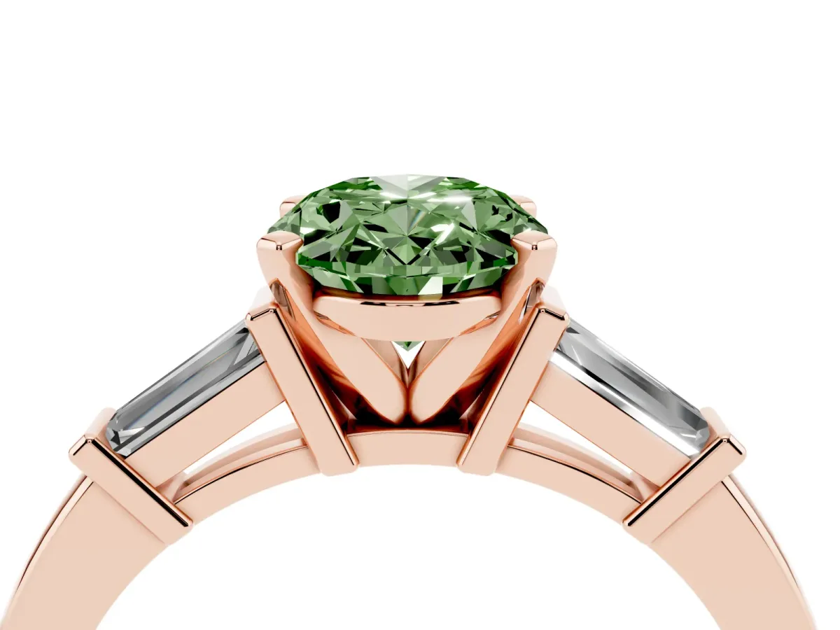Fancy Green Oval Cut Cut Diamond Solitaire Ring with Tapered Baguette Accents and Four-Prong Setting Rose gold
