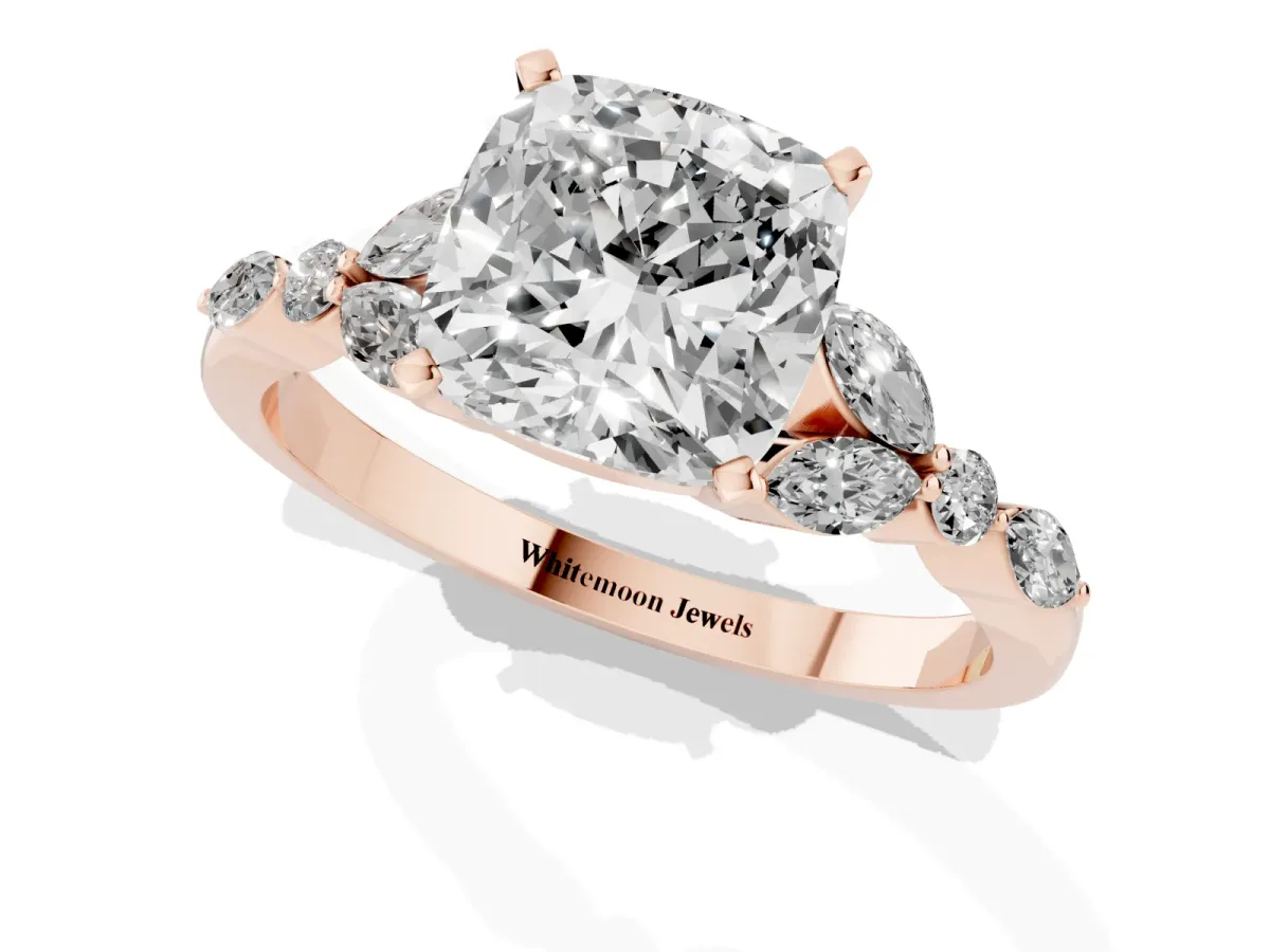 Cushion Cut Diamond Solitaire Ring with Side Stones and Four-Prong Setting Rose gold