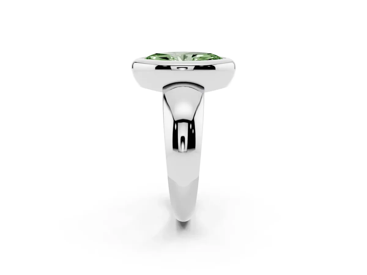 Fancy Green Bezel Set Marquise Cut Solitaire Ring with Wide Band Platinum