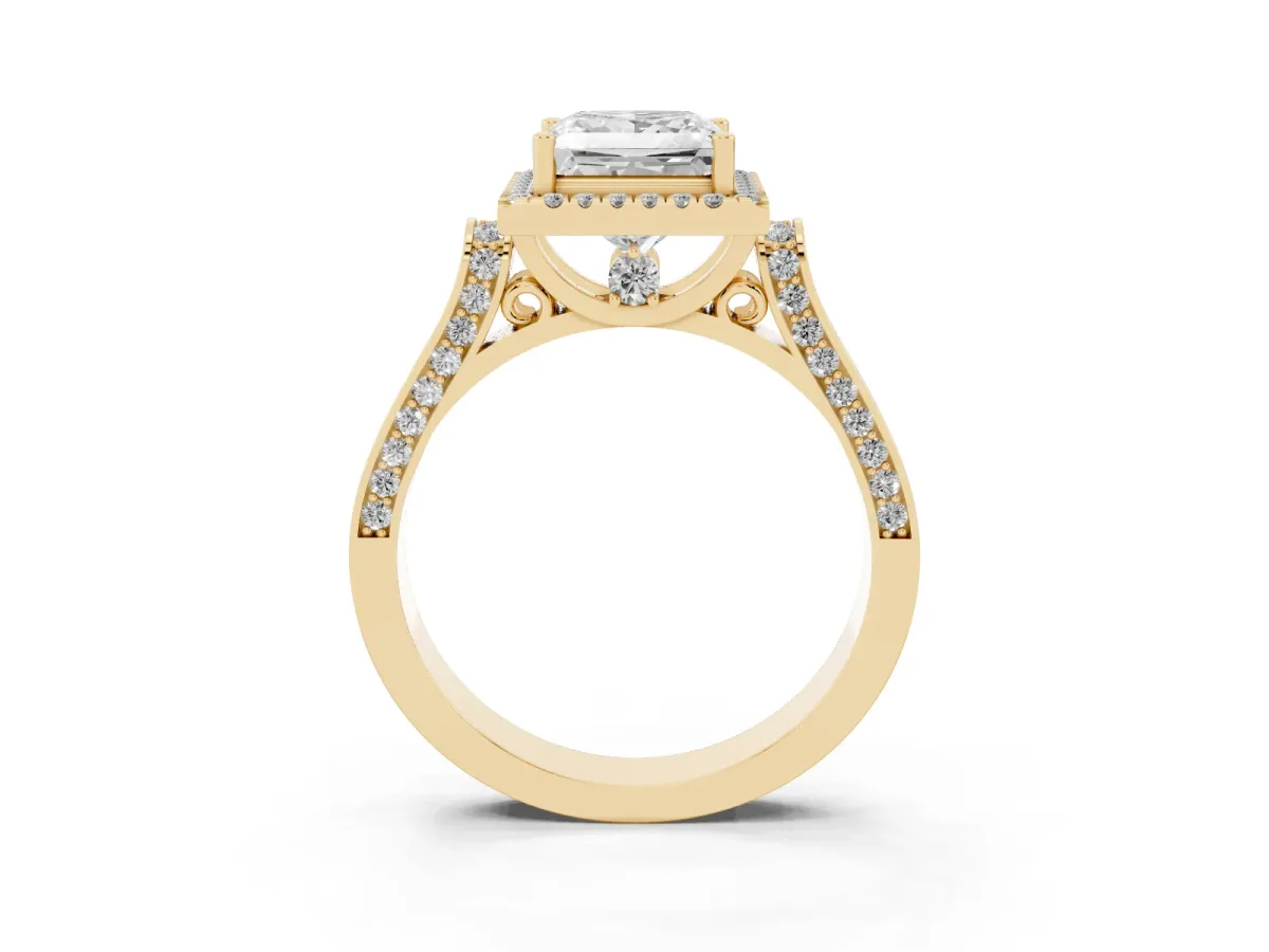 Princess Cut Halo Round Diamond Twist Band with Four-Prong Setting Yellow gold