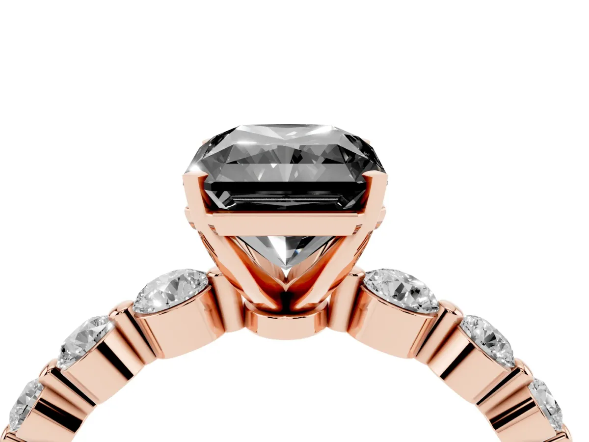 Fancy Black Radiant Cut Solitaire Diamond Ring with Pave Band and Four-Prong Setting Rose gold
