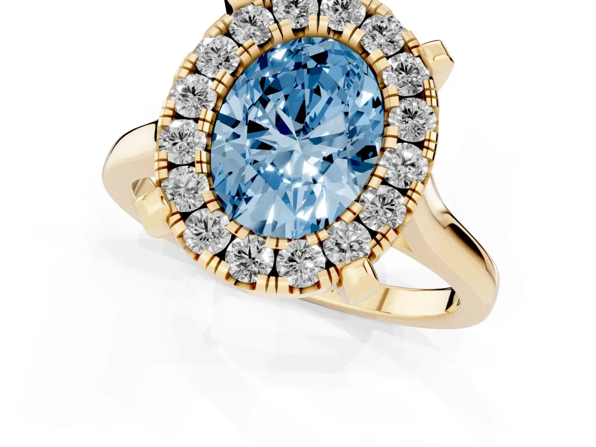 Fancy Blue Oval Cut Diamond Cluster Halo Solitaire with Four-Prong Setting Yellow gold