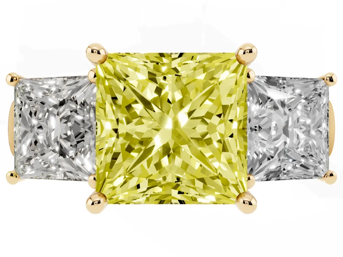 Fancy Yellow Three-Stone Princess Cut Brilliant Diamond Trellis Ring with Comfort Fit Band Yellow gold