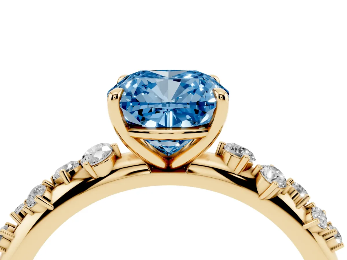 Fancy Blue Cushion Cut Diamond Cluster Prong-Set Solitaire Ring Yellow gold