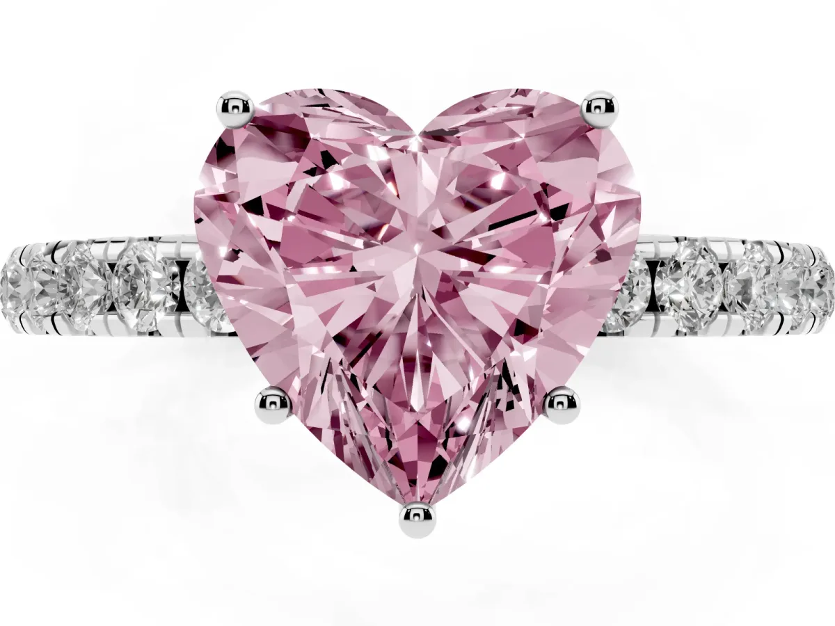 Fancy Pink Heart Cut Diamond Pavé Solitaire Engagement Ring with Four-Prong Setting Silver