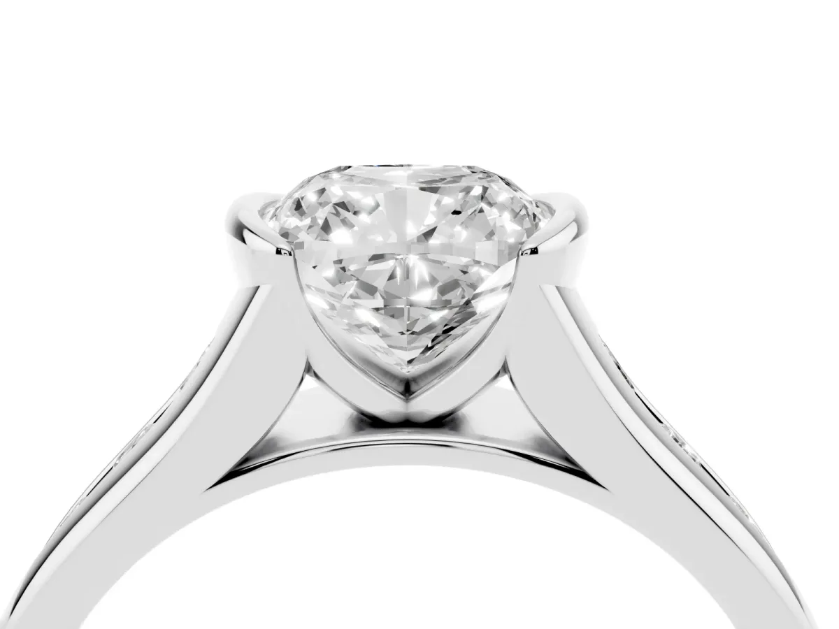 Cushion Cut Solitaire Bezel-Set Diamond Ring with Channel-Set Band Silver