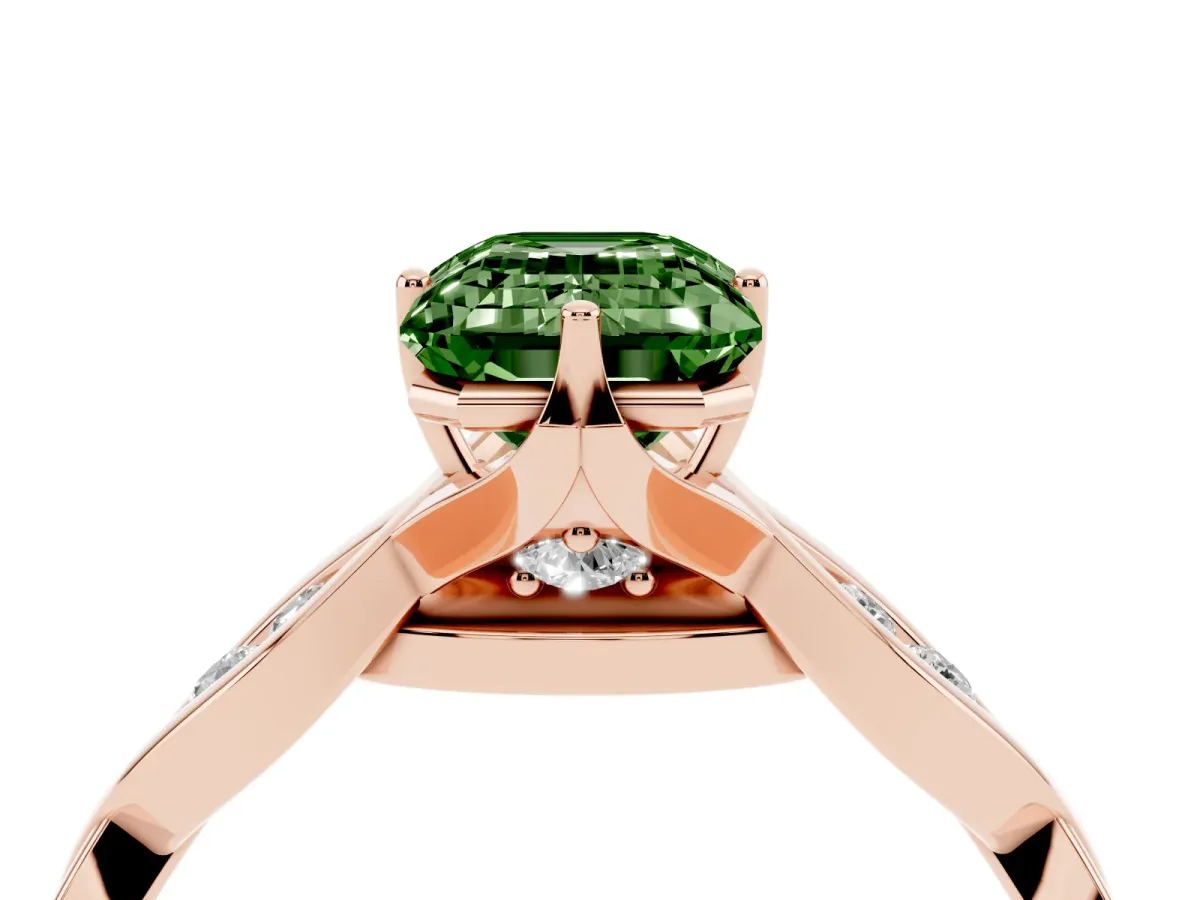 Fancy Green Emerald Cut Solitaire Twist Band with Leaf Prong Setting Rose gold