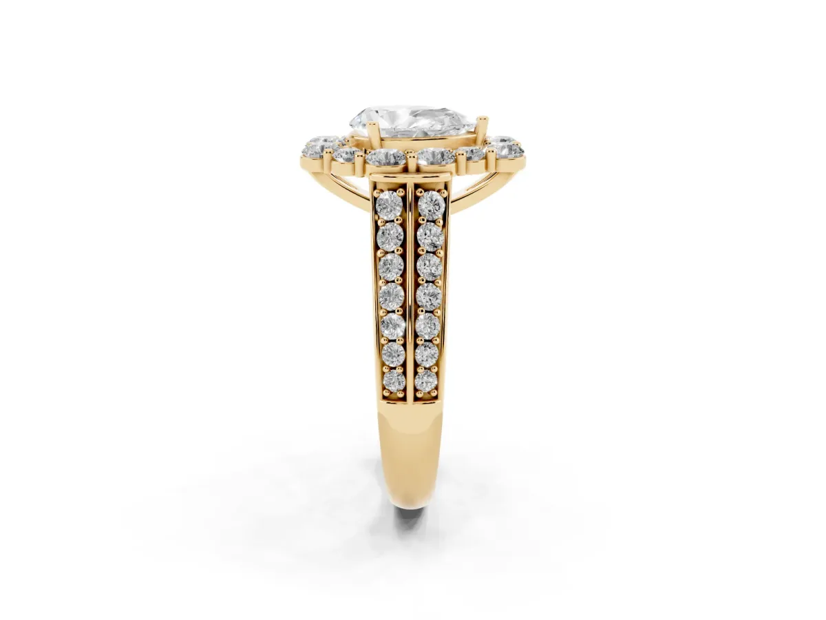 Pear Cut Halo Diamond Engagement Ring with Split Shank and Prong Setting Yellow gold