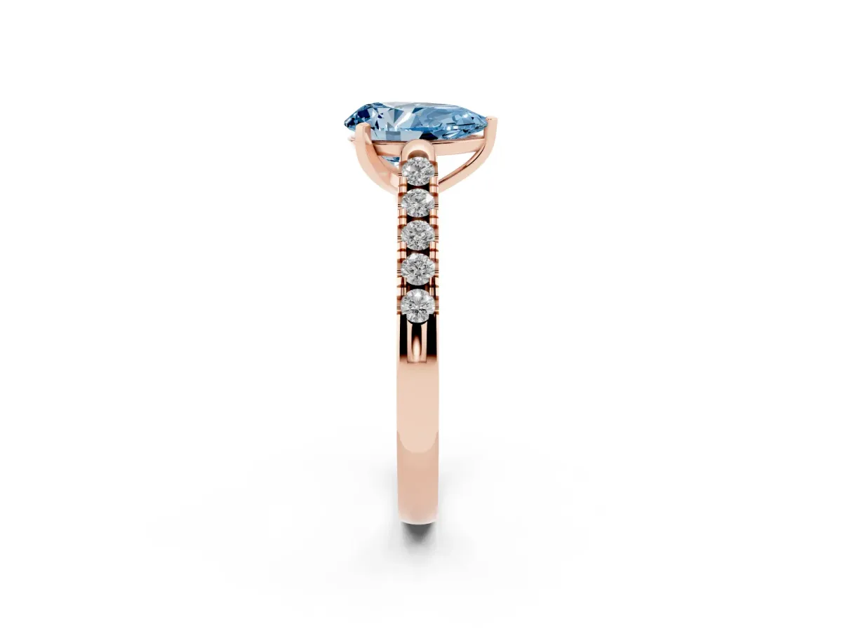 Fancy Blue Pear Cut Diamond Pavé Band Solitaire Ring with Prong Setting Rose gold