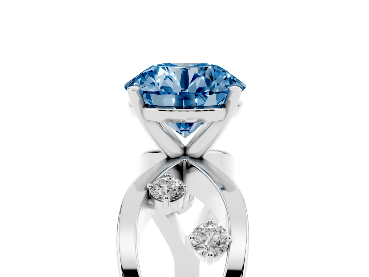Fancy Blue Round Cut Cut Solitaire Diamond with Side Stones on Criss-Cross Band and Four-Prong Setting Silver