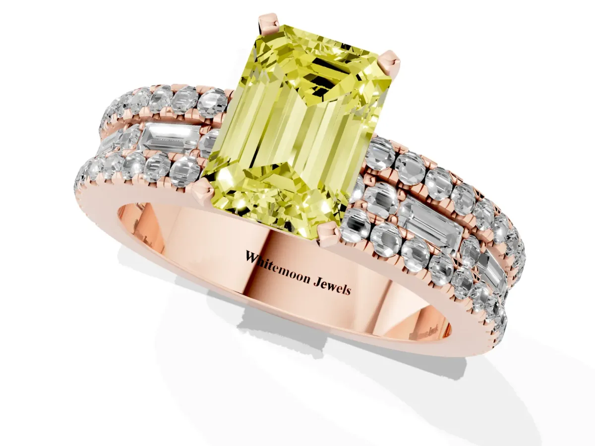 Fancy Yellow Emerald Cut Diamond Solitaire Ring with Pavé and Channel Set Band Rose gold