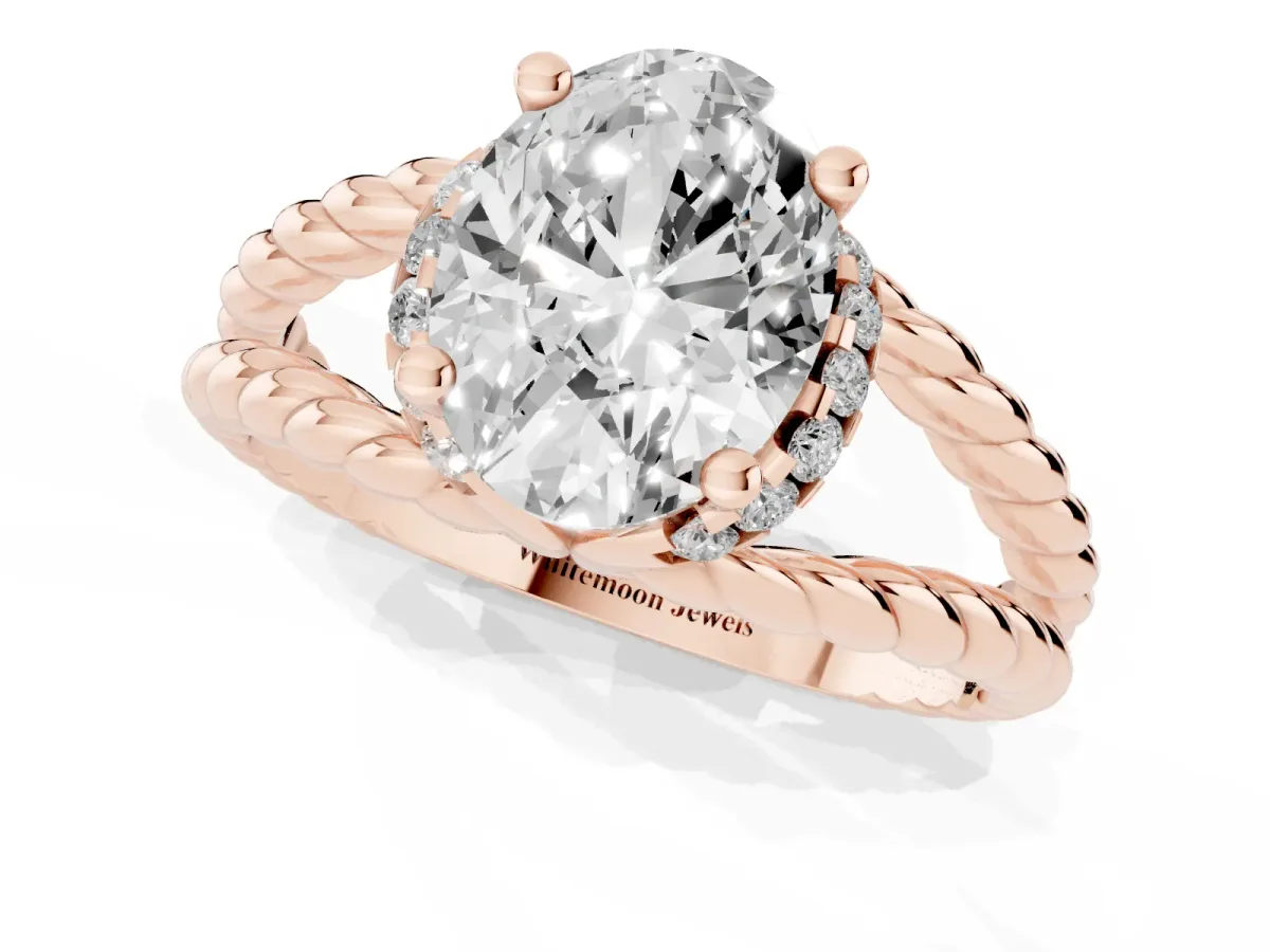 Oval Cut Halo Twisted Band Four-Prong Ring Rose gold