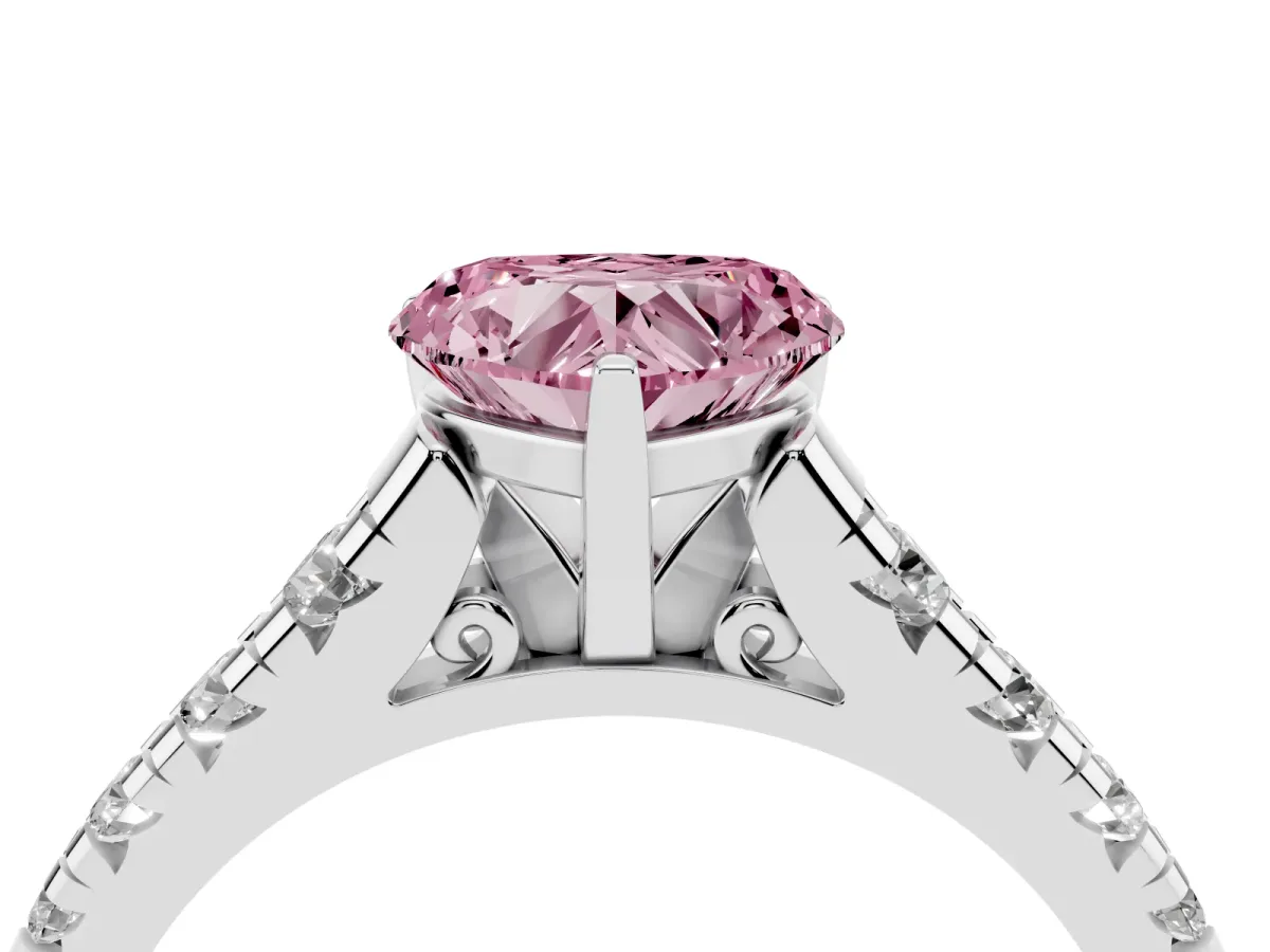 Fancy Pink Heart Cut Diamond Cathedral Solitaire Ring with Round Pavé Band Silver