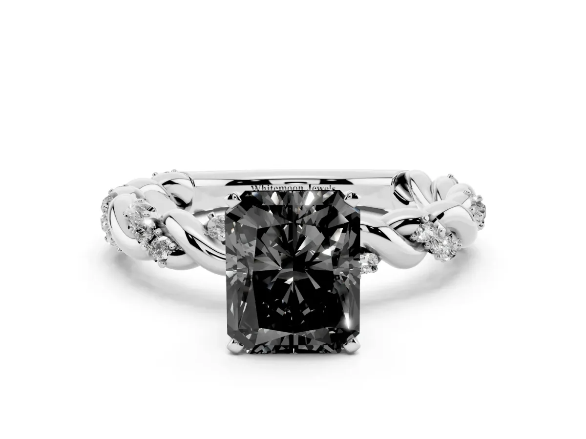 Fancy Black Radiant Cut Diamond Solitaire Ring with Twisted Band and Pavé Accents White gold