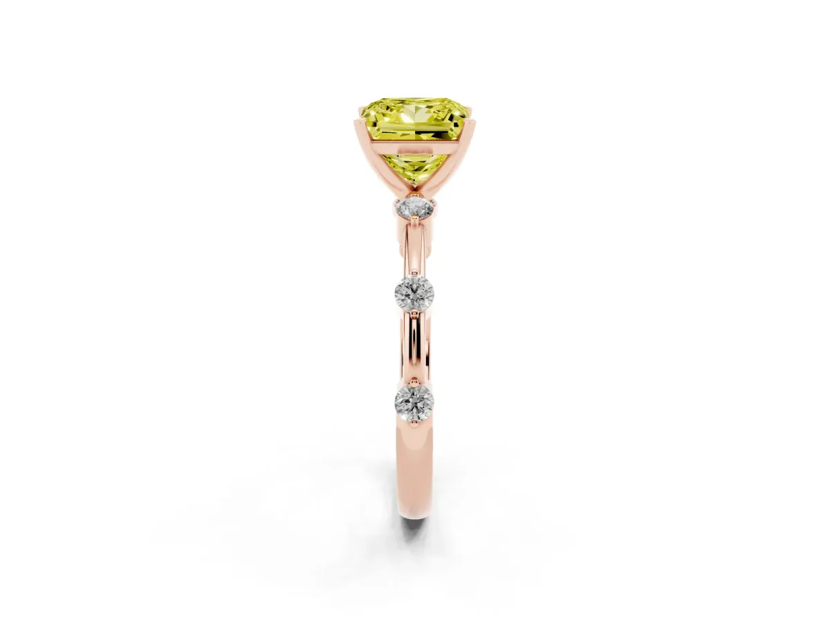 Fancy Yellow Princess Cut Solitaire Diamond Ring with Bezel Set Side Stones and Prong Setting Rose gold