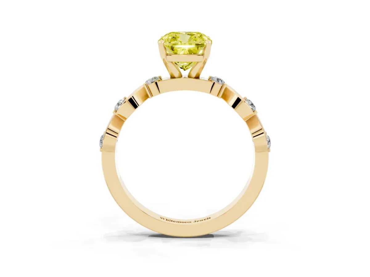 Fancy Yellow Cushion Cut Diamond Solitaire Twisted Band with Round Accents and Prong Setting Yellow gold