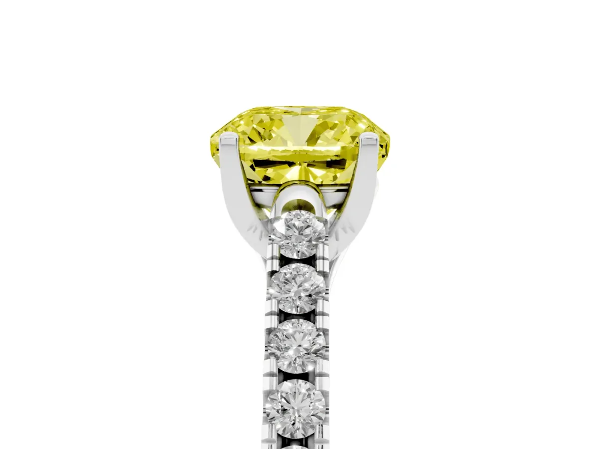 Fancy Yellow Cushion Cut Diamond Pavé Band Solitaire Ring with Prong Setting Platinum