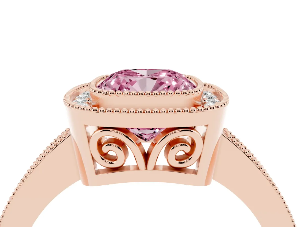 Fancy Pink Cushion Cut Cut Halo Diamond Ring with Pavé Band and Milgrain Prong Setting Rose gold